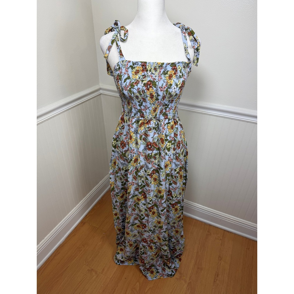 No Comment Floral Maxi Dress Kids XL Light Blue Smocked Tie Shoulder Boho